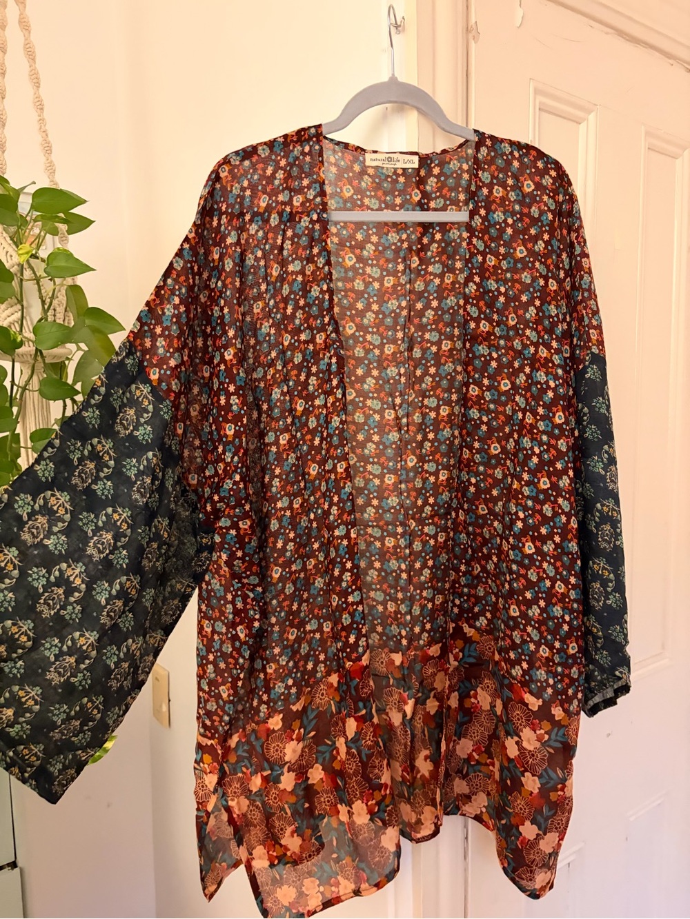 Floral Mixed-Print Sheer Kimono Jacket - Rust/Multi